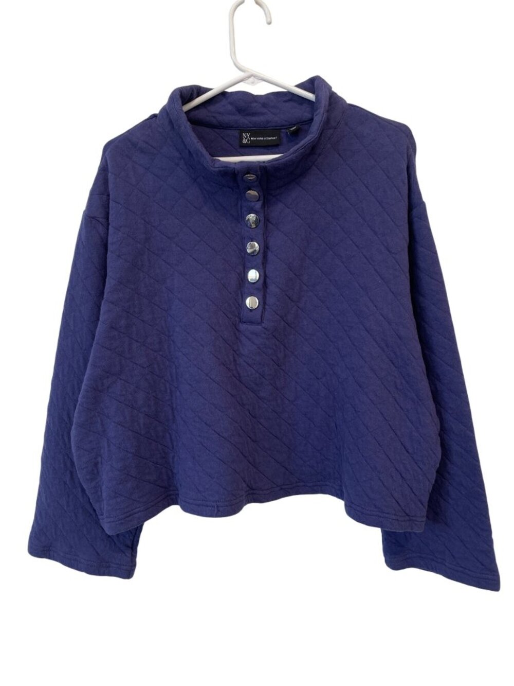 New York & Company Pullover XXL Quilted Mock Neck Snap Front Long Sleeve Navy